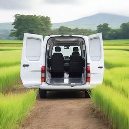 A rear view of a white Toyota Proace City cargo van with its two rear doors open, revealing tools for fieldwork inside