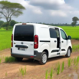 A rear view of a white Toyota Proace City cargo van with its two rear doors open, revealing tools for fieldwork inside