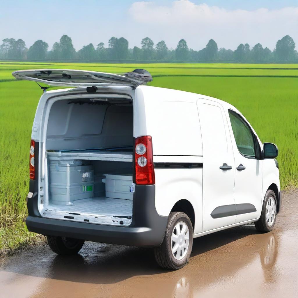 A rear view of a white Toyota Proace City cargo van with its two rear doors open, revealing tools for fieldwork inside