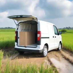 A rear view of a white Toyota Proace City cargo van with its two rear doors open, revealing tools for fieldwork inside