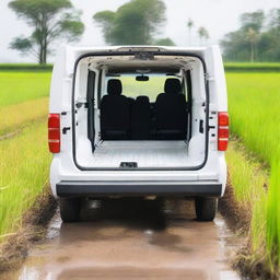 A rear view of a white Toyota Proace City cargo van with its two rear doors open, revealing tools for fieldwork inside