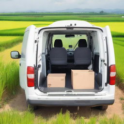 A rear view of a white Toyota Proace City cargo van with its two rear doors open, revealing tools for fieldwork inside