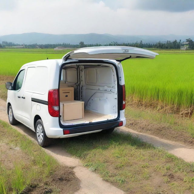 A white Toyota Proace City cargo van with its two rear doors open, revealing tools for fieldwork inside