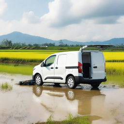 A white Toyota Proace City cargo van with its two rear doors open, revealing tools for fieldwork inside