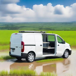 A white Toyota Proace City cargo van with its two rear doors open, revealing tools for fieldwork inside