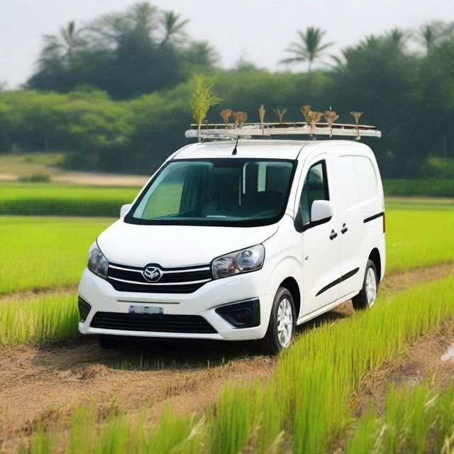 A white Toyota Proace City cargo van with farming tools inside