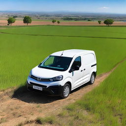 A white Toyota Proace City cargo van is parked in a freshly planted rice field in Valencia, Spain