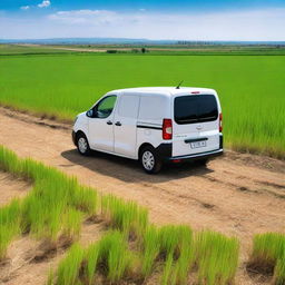 A white Toyota Proace City cargo van is parked in a freshly planted rice field in Valencia, Spain