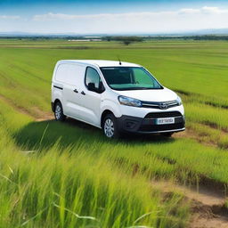 A white Toyota Proace City cargo van is parked in a freshly planted rice field in Valencia, Spain