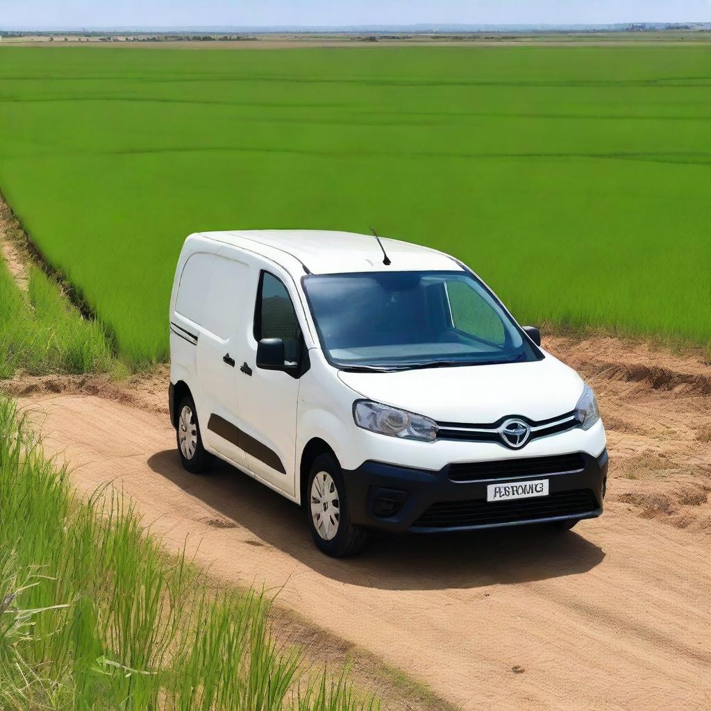 A white Toyota Proace City cargo van is parked in a freshly planted rice field in Valencia, Spain