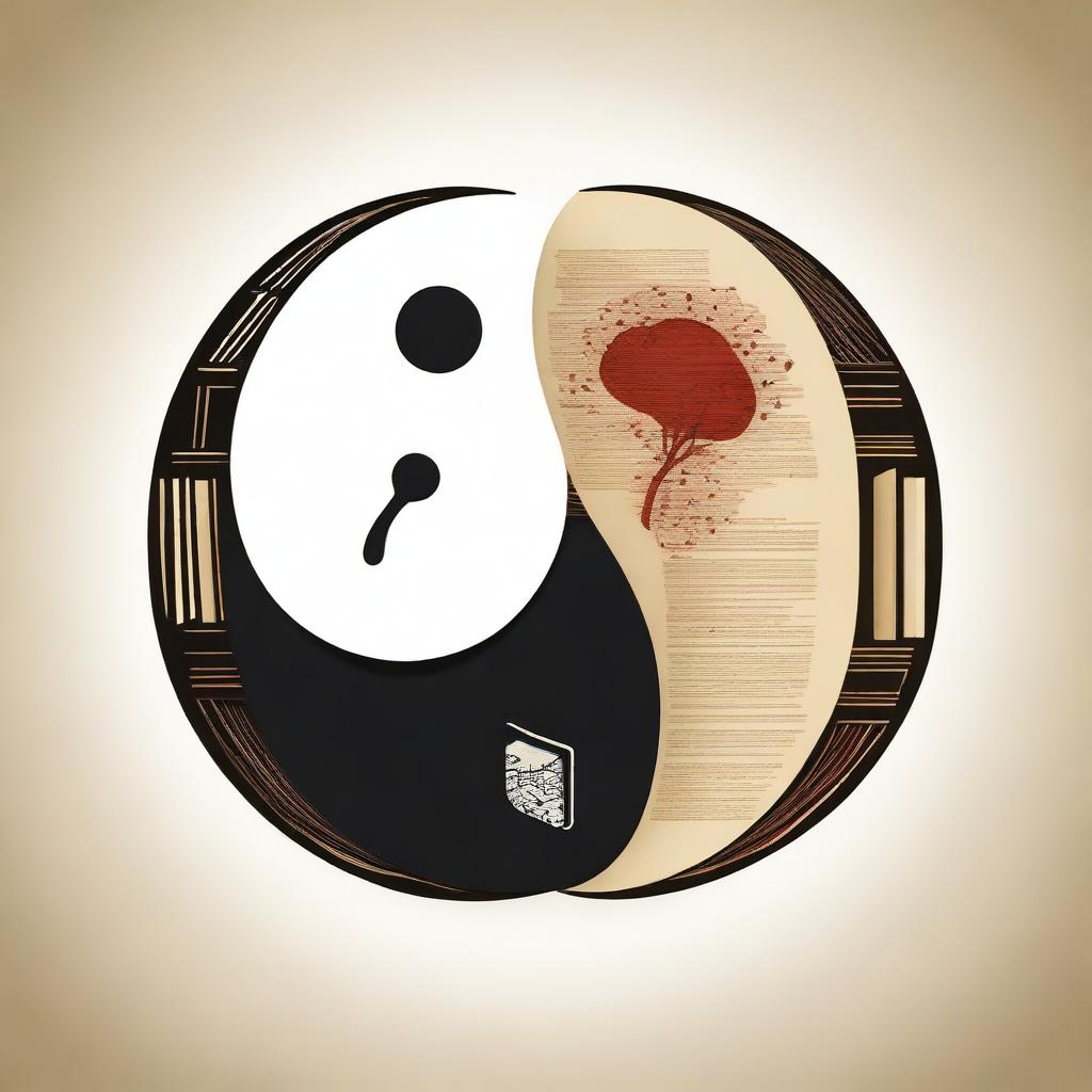 A modern, simplistic yin yang image where the yin side is composed of books and papers, and the yang side is made up of realistic human organs including the brain, lungs, and heart