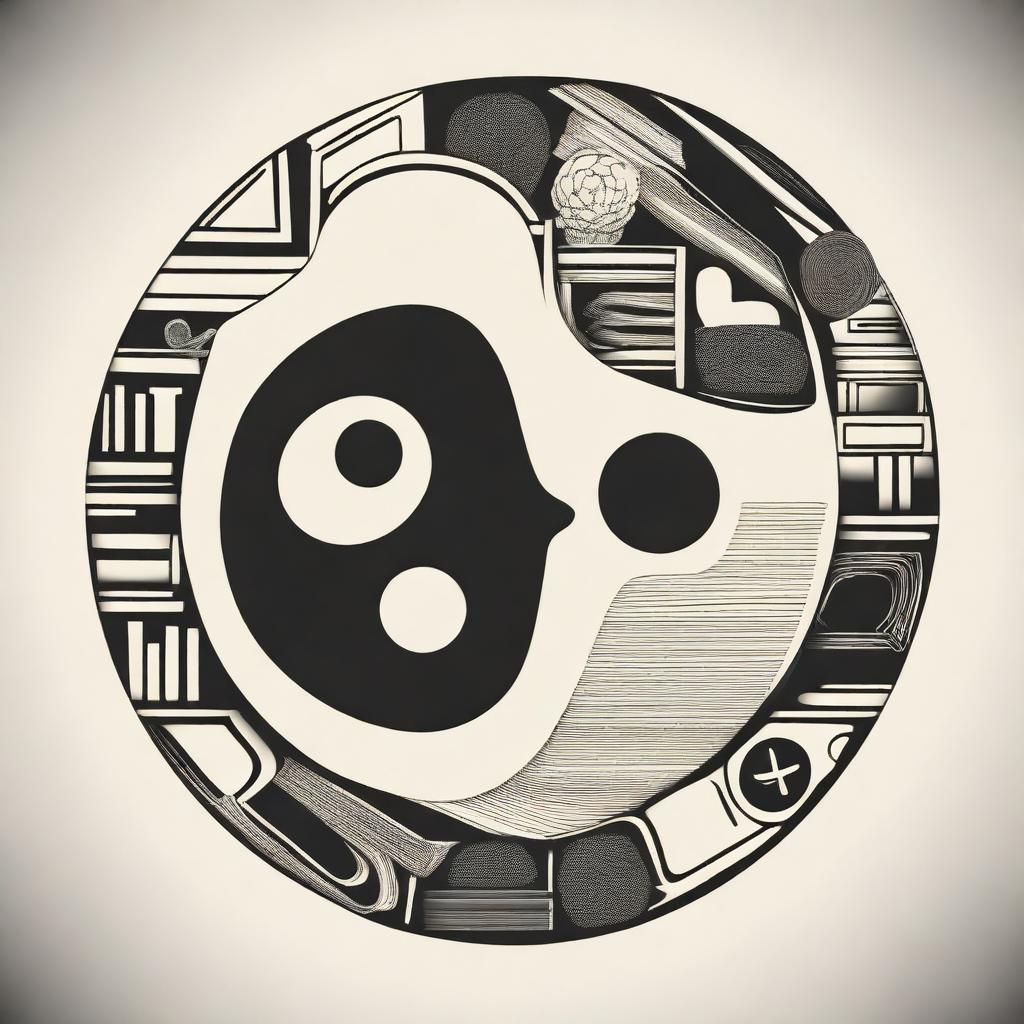 A modern, simplistic yin yang image where the yin side is composed of books and papers, and the yang side is made up of realistic human organs including the brain, lungs, and heart