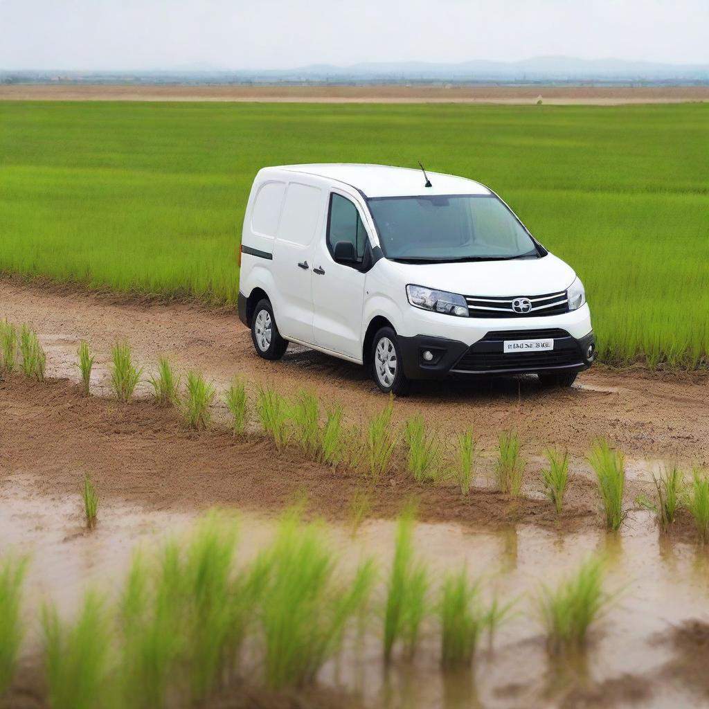 A white Toyota Proace City cargo van in a Valencian rice field