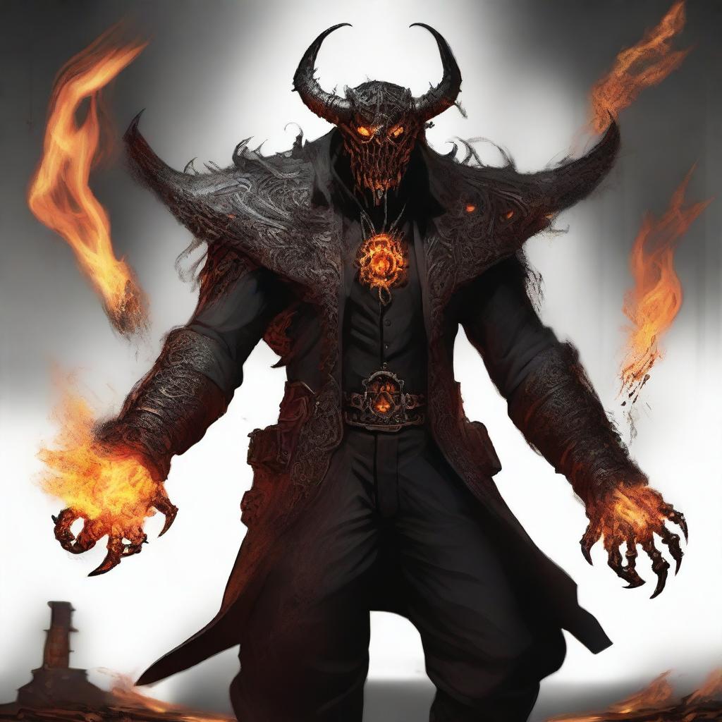 A Hellfire engineer, a devilish artisan of destruction, dressed in a suit of blackened steel adorned with intricate runes of power