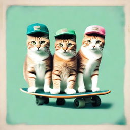 Create an image of cats wearing caps riding skateboards, styled like a Polaroid photo