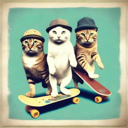 Create an image of cats wearing caps riding skateboards, styled like a Polaroid photo