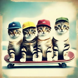 Create an image of cats wearing caps riding skateboards, styled like a Polaroid photo