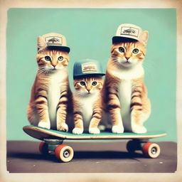 Create an image of cats wearing caps riding skateboards, styled like a Polaroid photo