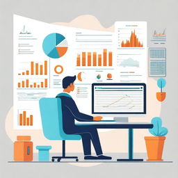 An illustration depicting the concept of treasury management, featuring financial charts, graphs, and a person analyzing data on a computer