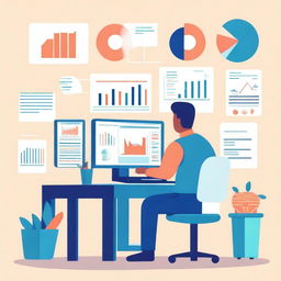 An illustration depicting the concept of treasury management, featuring financial charts, graphs, and a person analyzing data on a computer