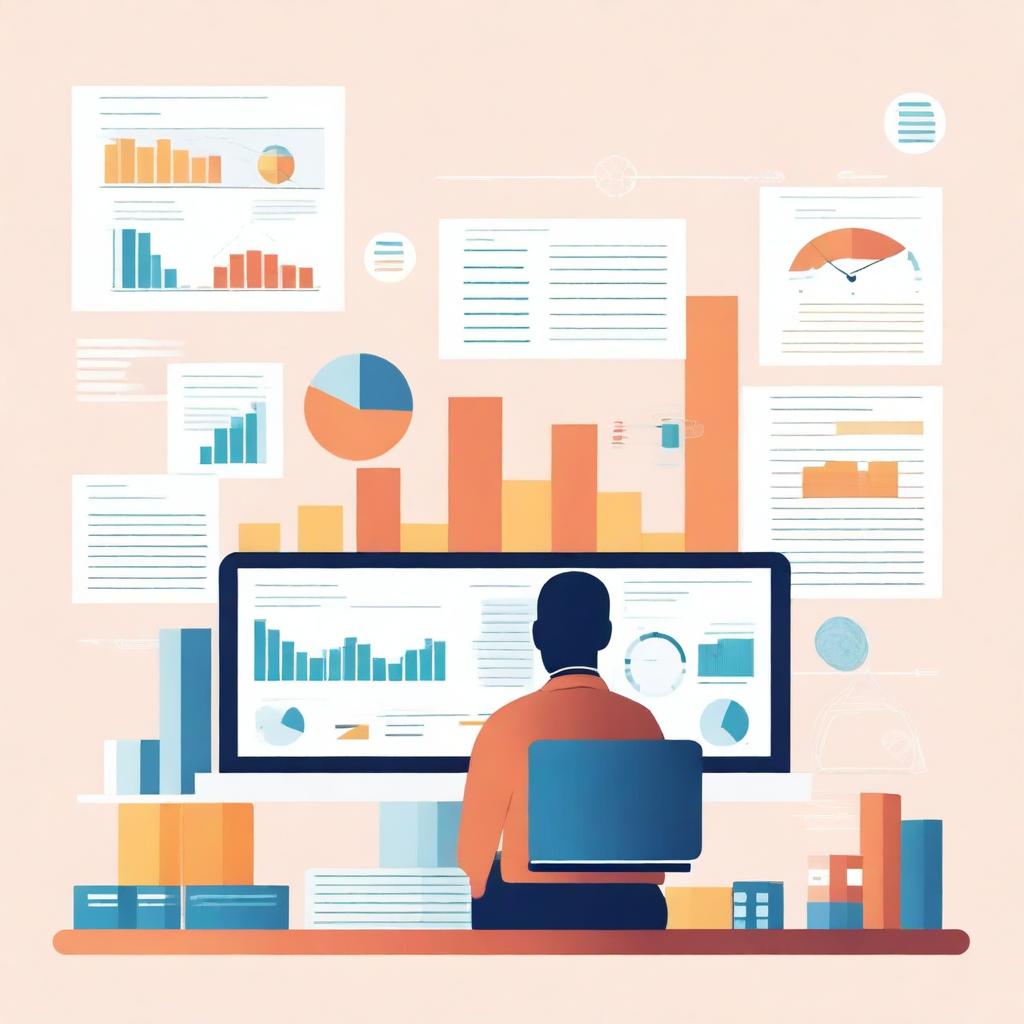 An illustration depicting the concept of treasury management, featuring financial charts, graphs, and a person analyzing data on a computer