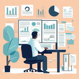 An illustration depicting the concept of treasury management, featuring financial charts, graphs, and a person analyzing data on a computer