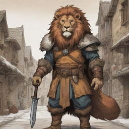 A comic-styled rustic illustration of a Dungeons & Dragons lion warrior clad in animal fur and hides, standing in an enchanting RPG town.