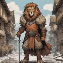 A comic-styled rustic illustration of a Dungeons & Dragons lion warrior clad in animal fur and hides, standing in an enchanting RPG town.