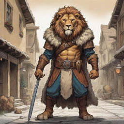 A comic-styled rustic illustration of a Dungeons & Dragons lion warrior clad in animal fur and hides, standing in an enchanting RPG town.