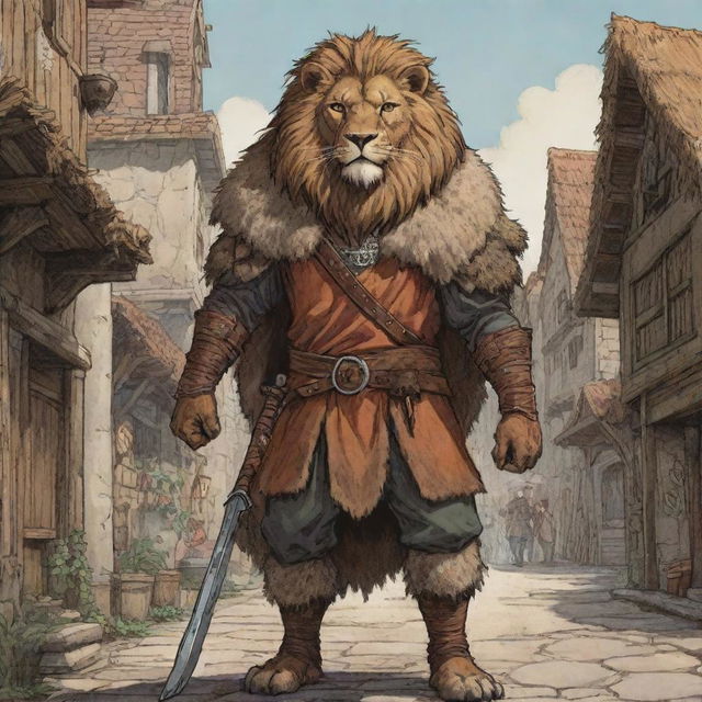 A comic-styled rustic illustration of a Dungeons & Dragons lion warrior clad in animal fur and hides, standing in an enchanting RPG town.