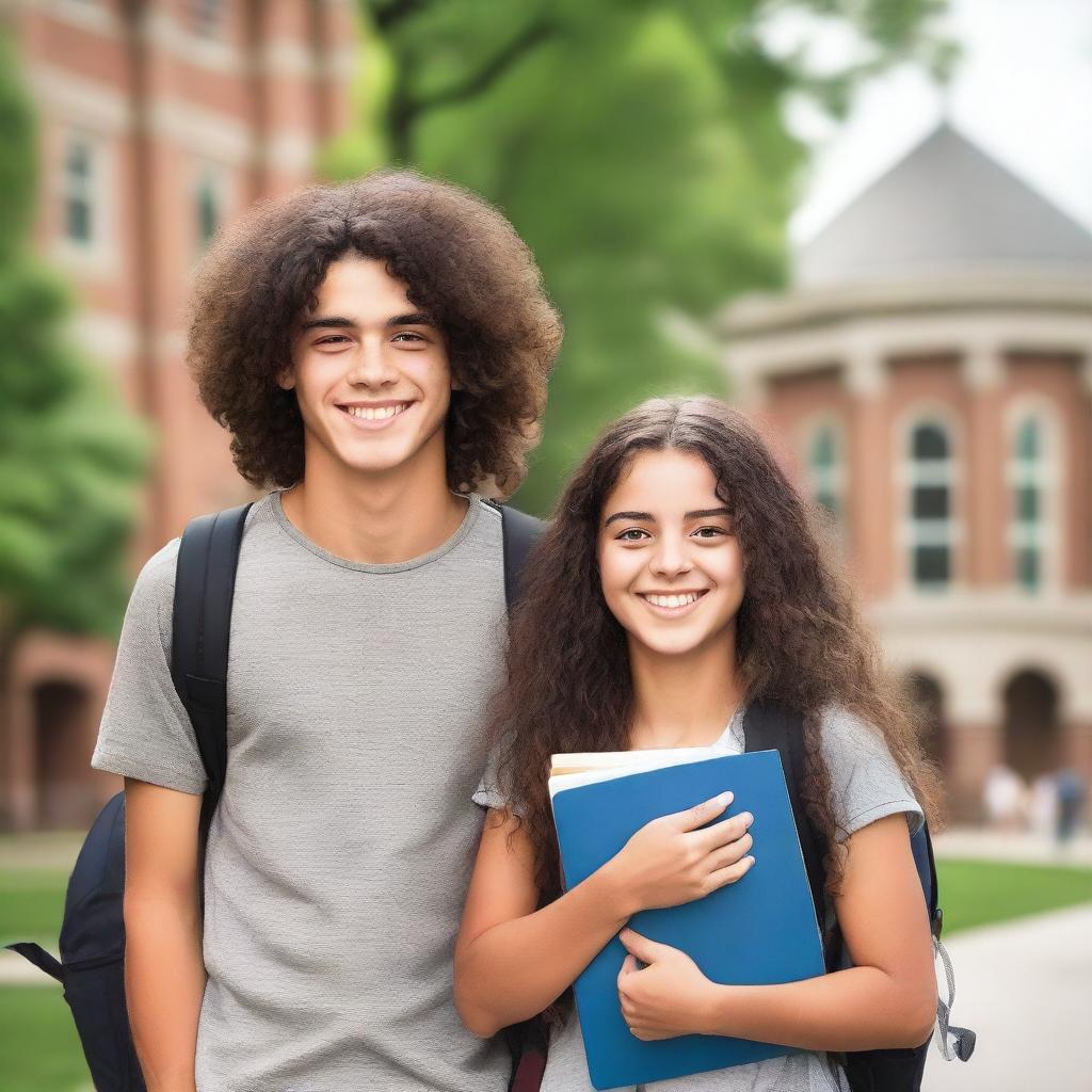 A college boy and girl standing together on a university campus