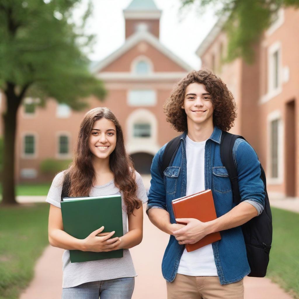 A college boy and girl standing together on a university campus