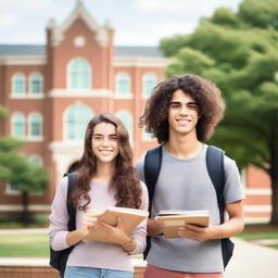 A college boy and girl standing together on a university campus