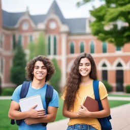 A college boy and girl standing together on a university campus