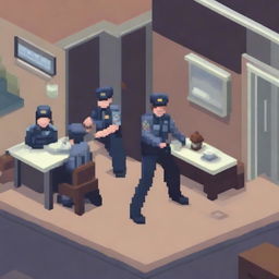 A pixel art scene depicting a police arrest in a cafe