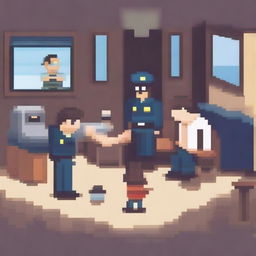 A pixel art scene depicting a police arrest in a cafe