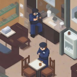 A pixel art scene depicting a police arrest in a cafe