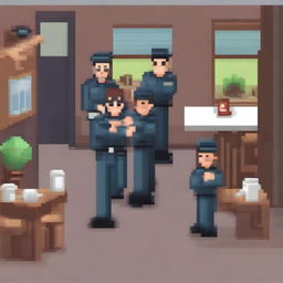 A pixel art scene depicting a police arrest in a cafe