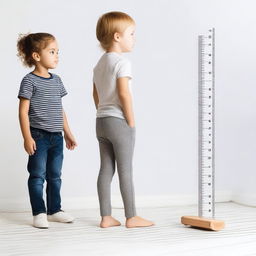 An image of a child being measured for height without any background