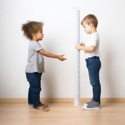 An image of a child being measured for height without any background