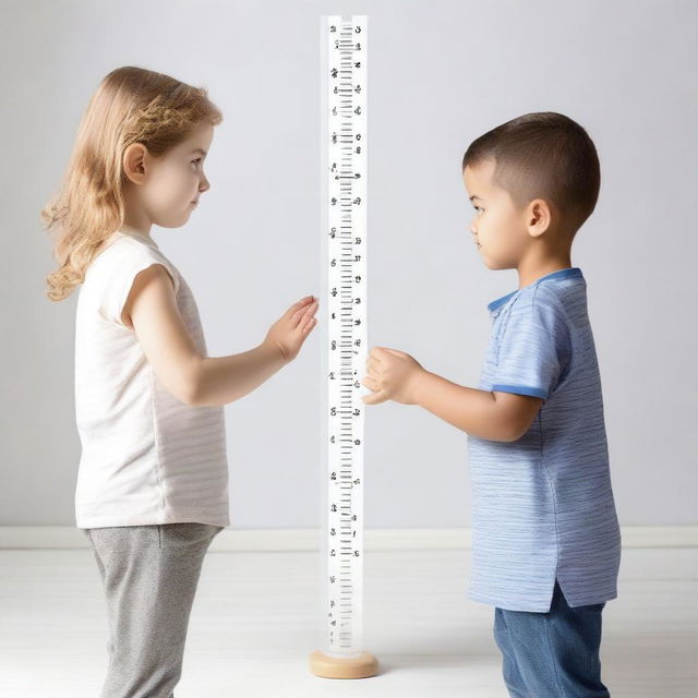 An image of a child being measured for height without any background