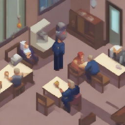 A pixel art scene depicting the arrest of a young woman by police officers in a café