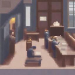 A pixel art scene depicting the arrest of a young woman by police officers in a café