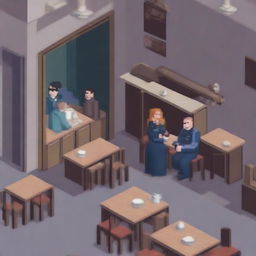 A pixel art scene depicting the arrest of a young woman by police officers in a café