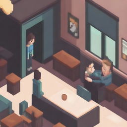 A pixel art scene depicting the arrest of a young woman by police officers in a café