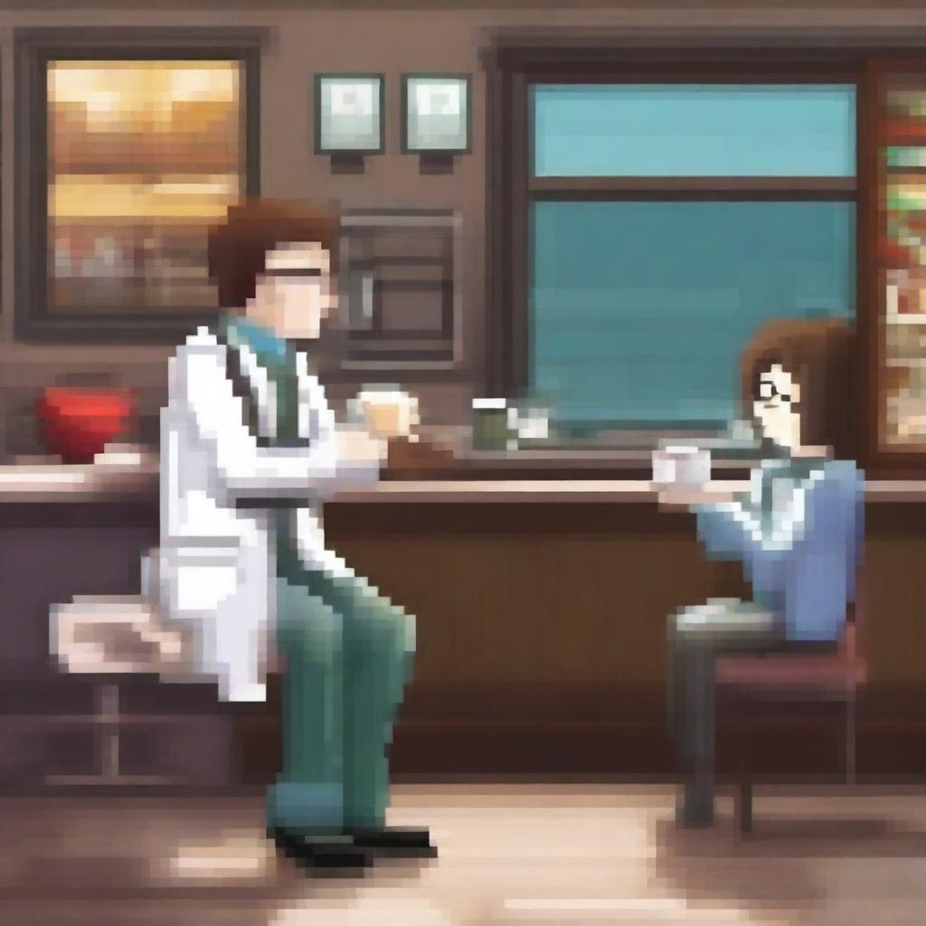 A pixel art image of a doctor sitting in a café