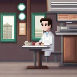 A pixel art image of a doctor sitting in a café