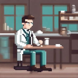 A pixel art image of a doctor sitting in a café