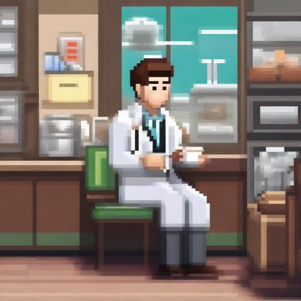 A pixel art image of a doctor sitting in a café