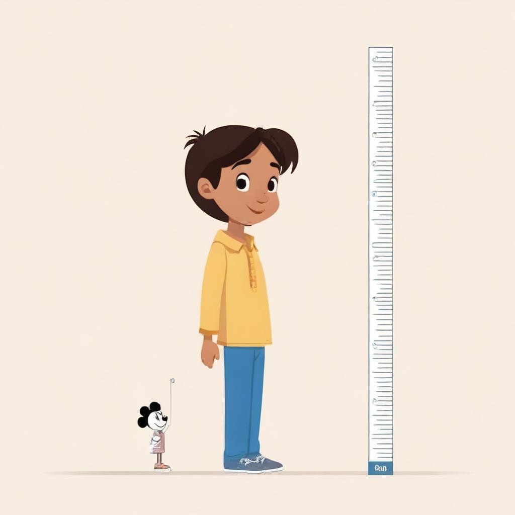 An animated image of a child being measured for height without any background